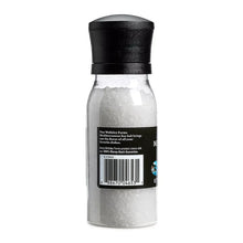 Sea salt grinder with black top and clear bottle, back label and barcode