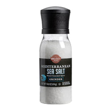 Sea salt grinder with black top and clear bottle, front label
