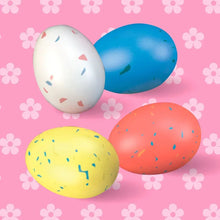 Assorted pastel speckled egg-shaped candies, four pieces