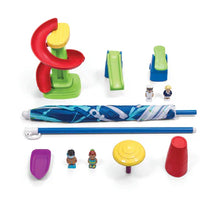 Water table accessory set with umbrella pole, slides, and colorful play pieces
