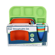 Plastic kids dinnerware set box with green divided tray and orange plate