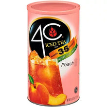 Peach iced tea mix can front with peach fruit and glass of iced tea illustration