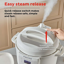 White pressure cooker lid with steam release vent and quick-release switch, shown with hand