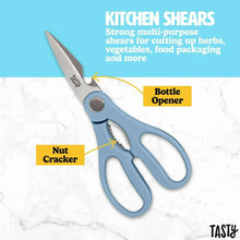 Kitchen shears with slate blue handle plus bottle opener and nut cracker tools