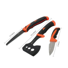 Camping tool set with folding saw, hatchet, and knife, orange-black handles