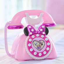 Pink Minnie-style rotary phone toy with heart light screen and purple bow