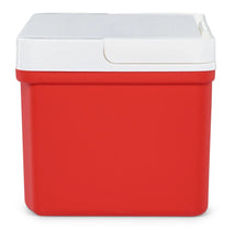 Red 9-quart cooler with white lid and top carry handle tab