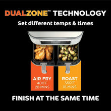Dual-basket air fryer displaying two cooking sides with different program settings
