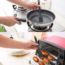 Black silicone spatula flipping food in a pan and on a baking tray