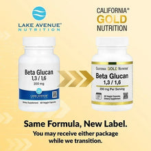 Beta Glucan supplement bottle label shown on two package versions