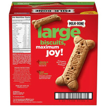 Large dog biscuit box back showing nutrition facts and bone-shaped treats
