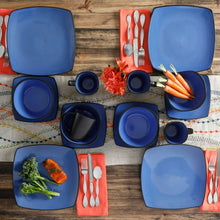 Blue square stoneware plates with mugs and bowls for serving