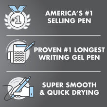 Retractable gel pen with fine tip shown with feature icons