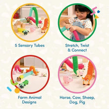 Five sensory farm animal tubes with animal heads for toddler play