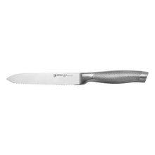Serrated slicing knife with stainless blade and textured gray handle