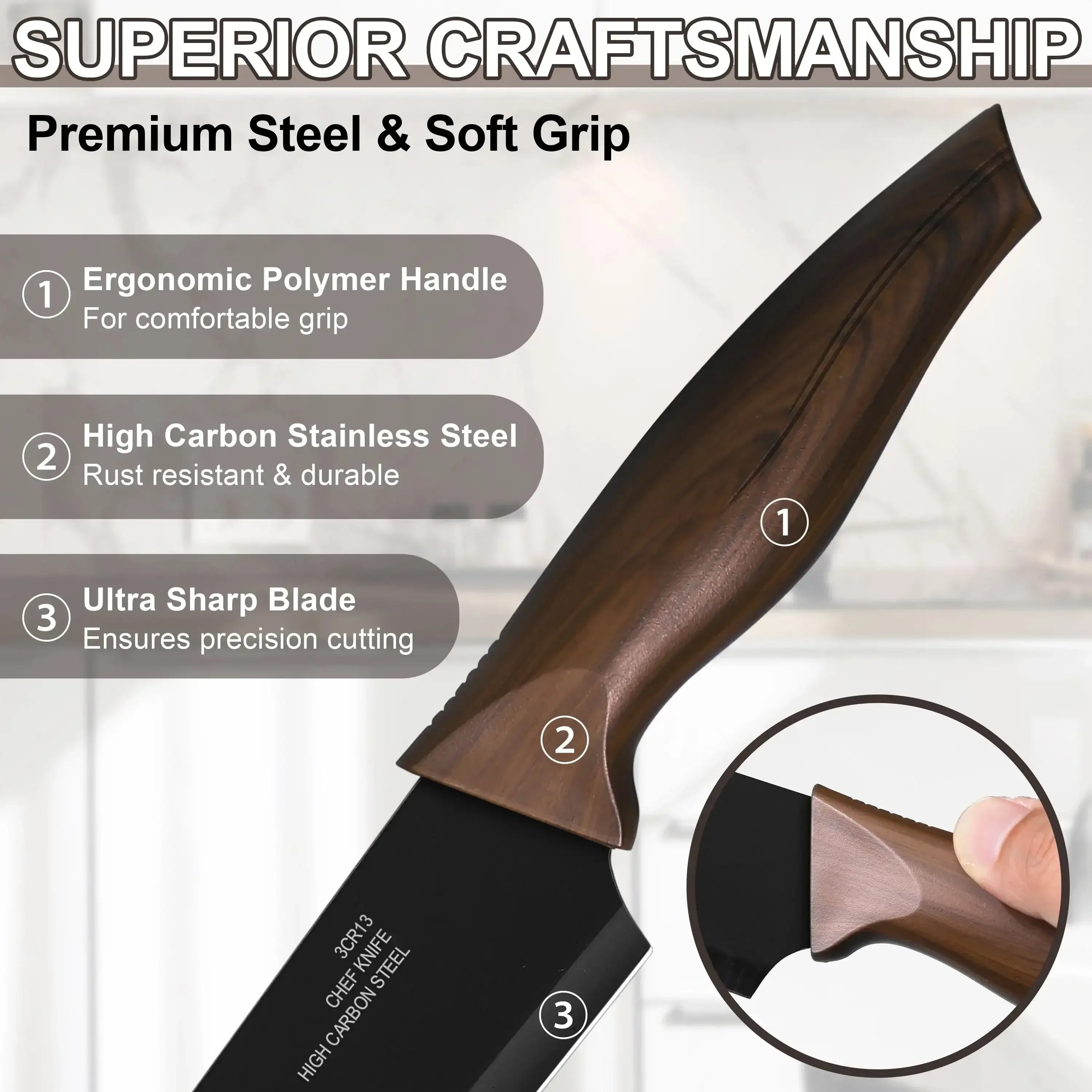 Walchoice 15 Pieces Knife Set with Block, High Carbon Stainless Steel Kitchen Knife Set with Sharpener, Rust Resistant & Dishwasher Safe - USA MEGA SHOP
