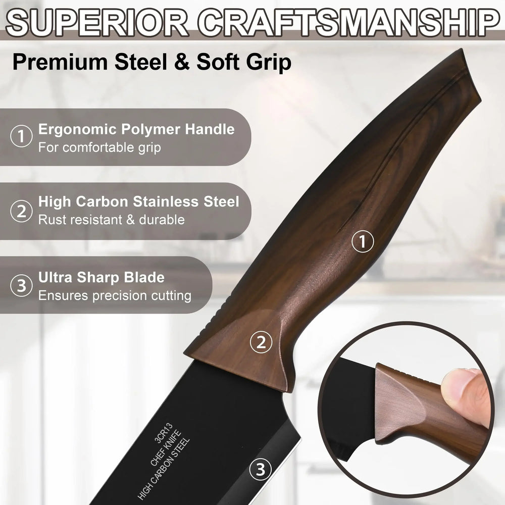 Walchoice 15 Pieces Knife Set with Block, High Carbon Stainless Steel Kitchen Knife Set with Sharpener, Rust Resistant & Dishwasher Safe - USA MEGA SHOP