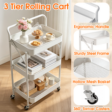 White 3-tier rolling cart with ergonomic handle, hollow mesh baskets, and swivel casters.