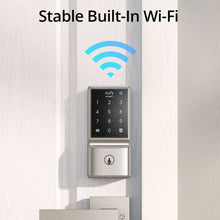 Keypad smart door lock mounted on door with Wi-Fi signal indicator