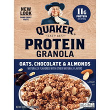 Protein granola box front showing oats, chocolate & almonds and a bowl graphic
