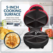 Red and black street taco quesadilla maker showing 5-inch cooking surface