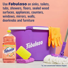 Peach-scent cleaner bottle with purple bucket, sponge, and yellow gloves