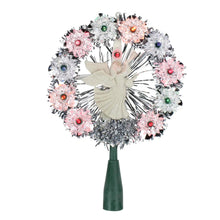 Silver tinsel wreath with angel topper, multi-color bulbs and flower rings