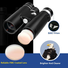 Black 8x42 binoculars with textured grip and focus wheel, close-up view