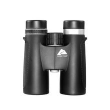 Black binoculars front view with central focus wheel and rubberized grips