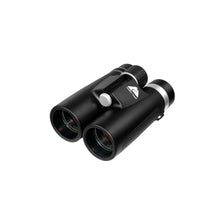 Black binoculars angled view with eyecups and ribbed focus rings