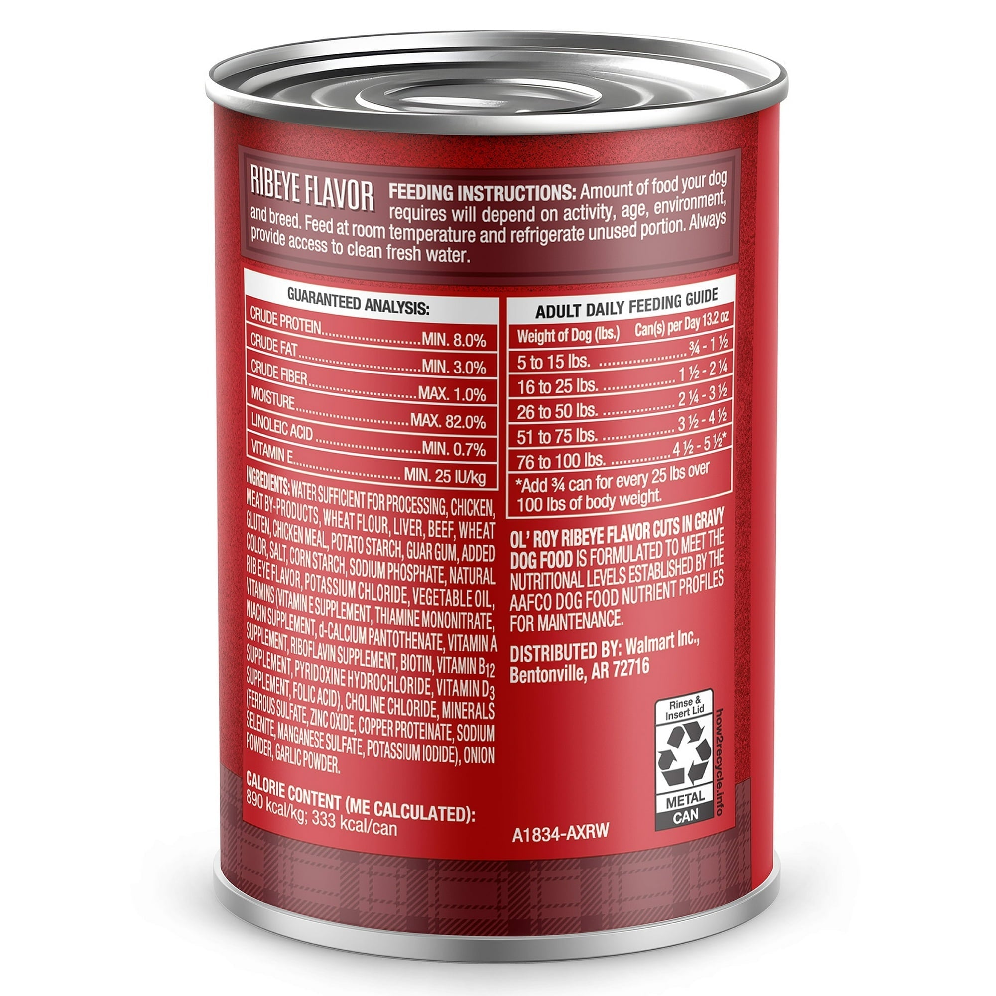 Ol' Roy Ribeye Flavor Cuts in Gravy Wet Dog Food, 13.2 oz Can