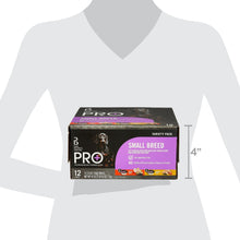 Small breed wet dog food variety pack box shown on size guide, 4 in