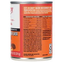 Wet dog food can with Bacon Cheeseburger flavor cuts in gravy front label