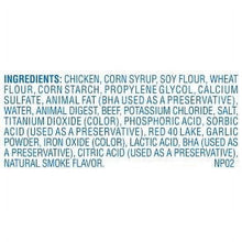 Dog treat ingredients text panel, list of chicken, flours, and preservatives