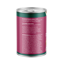 Jinx wet dog food can side panel with feeding guidelines and ingredients