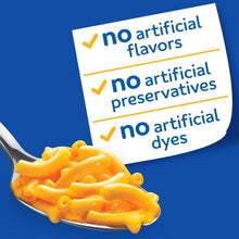 No artificial flavors, preservatives, or dyes badge over mac and cheese cup noodles