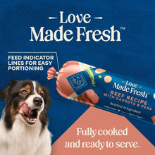 Love Made Fresh beef recipe dog food roll package with dog illustration and fully cooked text