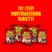Dog treat variety packages shown in multiple bag sizes
