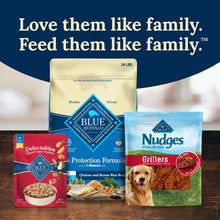 Blue Buffalo Delectables hearty beef topper 3 oz pouch with “Feed them like family” message