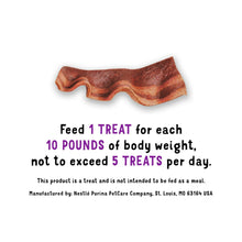 Bacon-flavored dog treat strip with feeding guideline text