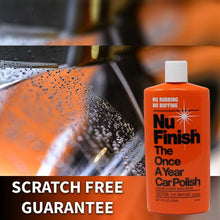 Nu Finish car polish bottle with scratch-free guarantee text and water droplets