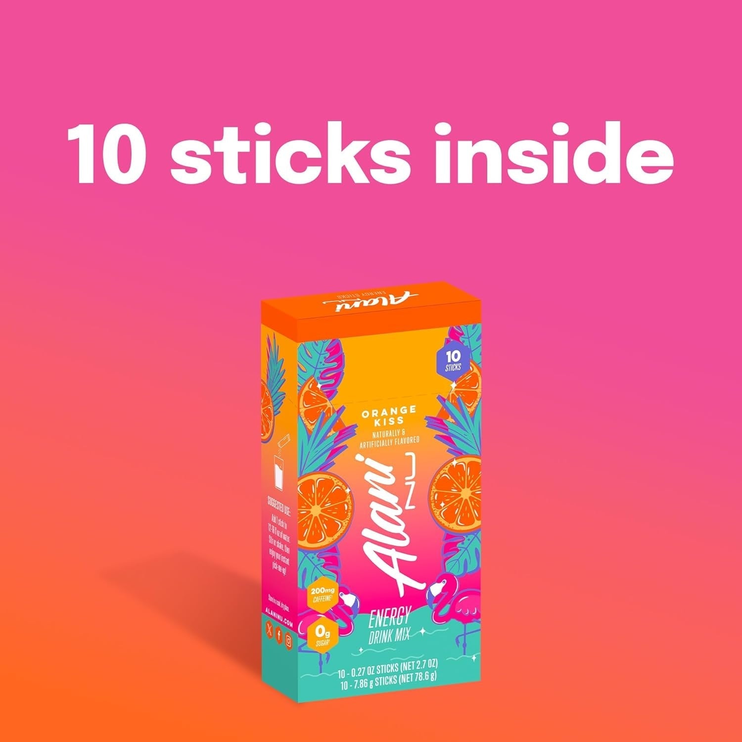 Alani Nu ORANGE KISS Energy Sticks, Energy Drink Powder, 200mg Caffeine, Pre Workout Performance with Antioxidants, On-The-Go Drink Mix, Biotin, B Vitamins, Zero Sugar, 5-10 Calories, 10 Pack