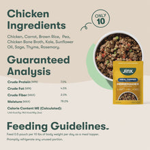Jinx meal topper bowl of wet dog food with Chicken ingredient facts panel
