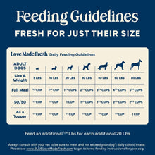 Feeding guidelines chart for adult dogs, showing daily meal and topper portions.
