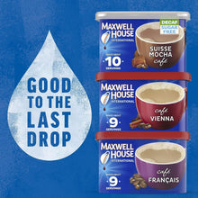 Three Maxwell House instant coffee mix canisters: Suisse Mocha, Vienna, Francais