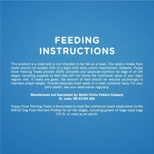 Dog training treats feeding instructions panel with manufacturer and guidance text.