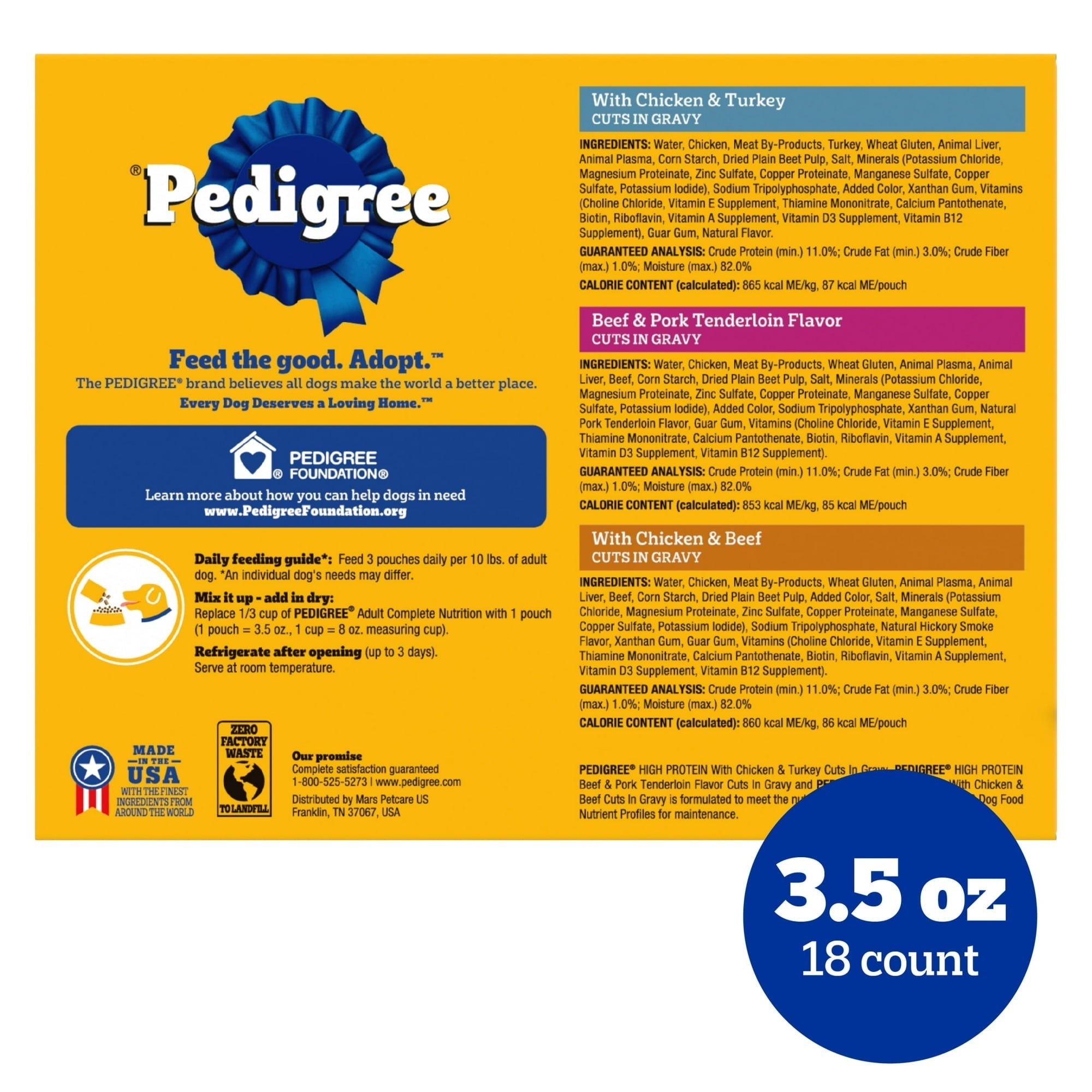 Pedigree High Protein Dog Food Wet Variety Pack Pouches, 3.5 oz. Pouches, 18 Count