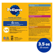 Pedigree dog food variety pack back panel with 3.5 oz 18 count badge