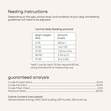 Feeding instructions table and guaranteed analysis for dog food