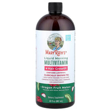 Liquid multivitamin bottle with Dragon Fruit Melon label, dark amber drink, black cap